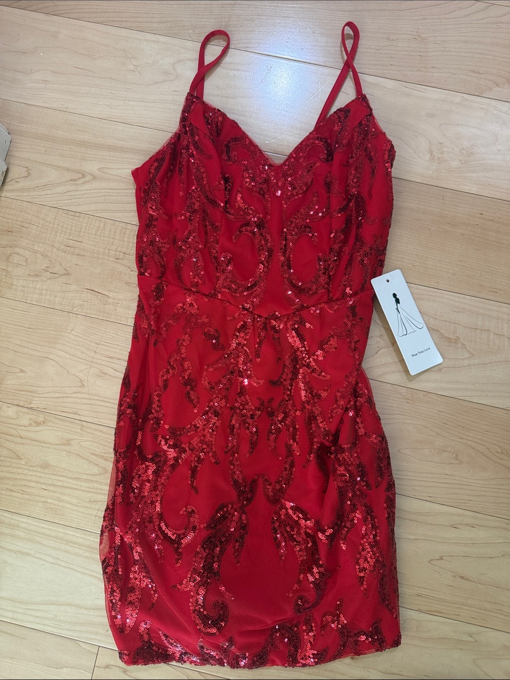 Red Sequin Spaghetti Strap Prom Dress